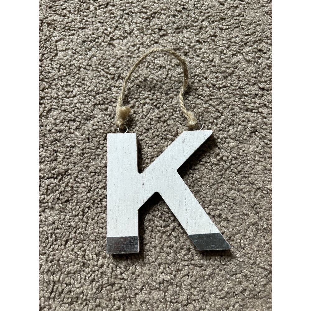 Letter K Initial White & Silver Wooden Christmas Ornament Decor